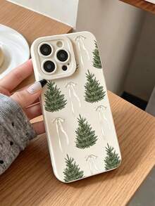 1pc Sweet Girl Style Christmas Theme Phone Case, Light White Background, Green Christmas Tree Pattern, White Ribbon Print Design, Soft TPU Material, Lightweight Protective Phone Case, Suitable For IPhone18 18Pro 18Promax 17 17Pro 17Promax 16 16Promax 15 14 13 12 11 And Other Models, Suitable For Daily Use And Christmas Party Occasions - Beige - View 2