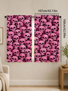 2PCS, Pink Skull Print Curtains, Dark Sweet Cool Style, Halloween Party Home Decor Fabric Curtains - Multicolor - View 13