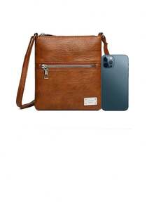 Women's Vertical Multi-Pocket Crossbody Bag, Vintage Small Square Bag, Solid Color Textured Shoulder Bag, Light Luxury French Style Minimalist Crossbody Bag - Brown - View 5