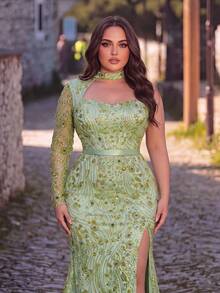 Plus Size Women's Party Long Sequin Mermaid Dress, Asymmetrical Neckline, Long Sleeve, Thigh Slit, Suitable For Elegant Evening Events - Green - View 5