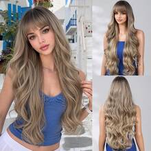 30 Inch Women Long Wavy Ombre Wig With Bangs, Synthetic Heat‑Resistant Natural Looking Dark Root Blonde Ash Brown Full Head Wig For Woman Daily Wear Party Halloween Cosplay - Multicolor - View 13