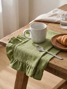 1pc Olive Green Solid Color Ruffle Trim Placemat, Natural Rustic Style Fabric Material Square Shape With Ruffle Trim Detail, Stain-Resistant Tabletop Protection And Decorative Function, Suitable For Daily Home And Natural Dining Table Setting - Green - View 3