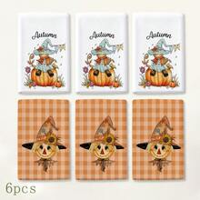 2pcs Orange Plaid Scarecrow Pumpkin Pattern Kitchen Towels, Autumn Country Farmhouse Style Cartoon Print Absorbent Hand Towels, Suitable For Autumn Kitchen, Harvest Season, Halloween, Thanksgiving, Family Gathering, Home Decor 4/6/8pcs Set - Multicolor - View 8