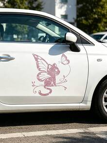 Pink Cute Cat & Butterfly Pattern Car Decorative Stickers, Shiny Sandblasted Finish, For Car Windows And Body - A - View 3