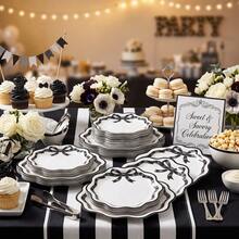 10/20/40pcs Black Bow Wavy Edge Disposable Paper Plates, Coquette Style Wavy Dinner Plates, White Background With Black Ribbon Bow Print, 7-Inch And 9-Inch Party Plates, Suitable For Birthday Parties, Bridal Showers, Baby Showers, Tea Parties, Picnics And Girls Gatherings - Black - View 6