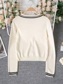 Autumn/Winter New Design Striped Polo Collar Preppy Style Knit Sweater Long Sleeve Women Sweet Girl Contrast Color Top Slim Fit Pullover Fall - Apricot - View 8