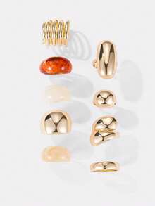 Kryxie 9pcs Exaggerated Thick Solid Metal Resin Ring Set, Stackable, Suitable For Women's Party And Daily Wear, Jewelry - Multicolor - View 2