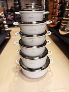 12-Piece Marble Pattern Aluminum Cookware Set With Glass Lids, Cream White Cooking Pot Set, Cream White - View 9