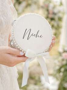 Custom 6 Inch Classic Wedding Handheld Tambourine With Single Row Metal Jingles Ribbon Bow And Pearl Decor Personalized Musical Rhythm Percussion Instrument For Wedding Ceremony Bridal Shower Reception Party Dancing (Drumstick Not Included) - White - View 4