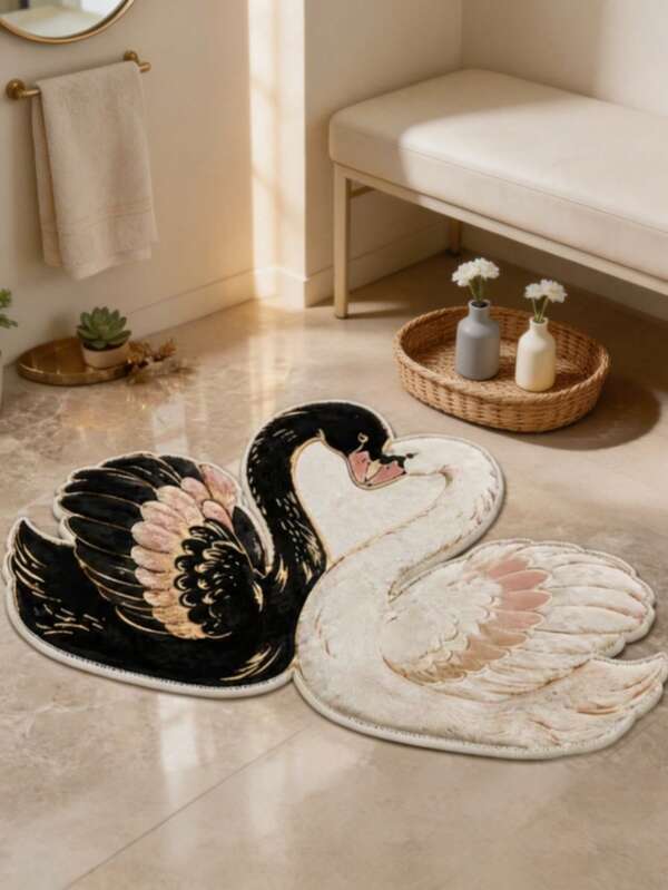 1pc Black And White Swan Couple Decorative Rug, Home Decor, Area Rug, Casual Blanket, Bedside Rug, Bedroom Rug, Washable