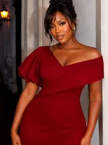 AOMEI Elegant Charming Women's Red V-Neck Puff Sleeve Slim Fit Bodycon Dress For Birthday Party,Wedding Guest, Formal Dinner Fall - Red - View 3