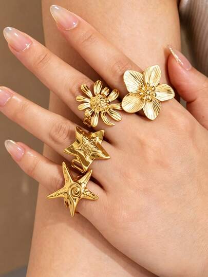 4 Peças Anéis Ajustáveis Abertos Vintage Exagerados de Flor e Estrela Banhados a Ouro 18K em Aço Inoxidável, Design de Nicho Versátil Anéis Decorativos para Mulheres, Anéis Atmosféricos, Presente de Feriado, Joias de Camadas para Uso Diário