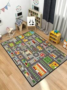 1pc Multicolor Cartoon City Traffic Road Building Stadium Car Print Play Mat, Cute Cartoon Early Education Short Plush Rectangular Edged Anti-Slip Crawling Pad, Children's Room Game Area Early Education Parent-Child Interaction All-Season Home Scene - Multicolor - View 1