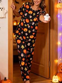 2-Piece Women's Halloween Pajama Set, Pumpkin & Maple Leaf Print, Short Sleeve Crew Neck Top And Long Pants Set, Comfortable Loose Fit For Home Wear, All Season - Black - View 5