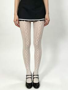 Summer Fashion Women's Cable Knit Print Fishnet Tights, Mesh Leggings, Elegant Sexy Mature Vintage Style, High Elasticity Comfortable Fitted Bodycon Leggings For Daily Casual, Dating, Party, Vacation - White - View 6