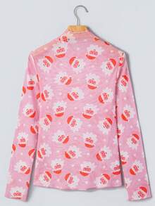 Acelitt Women's Casual Pink Bottom Cartoon Santa Claus Print Ruffle Collar Slim Fit Long Sleeve Christmas Top - Multicolor - View 3