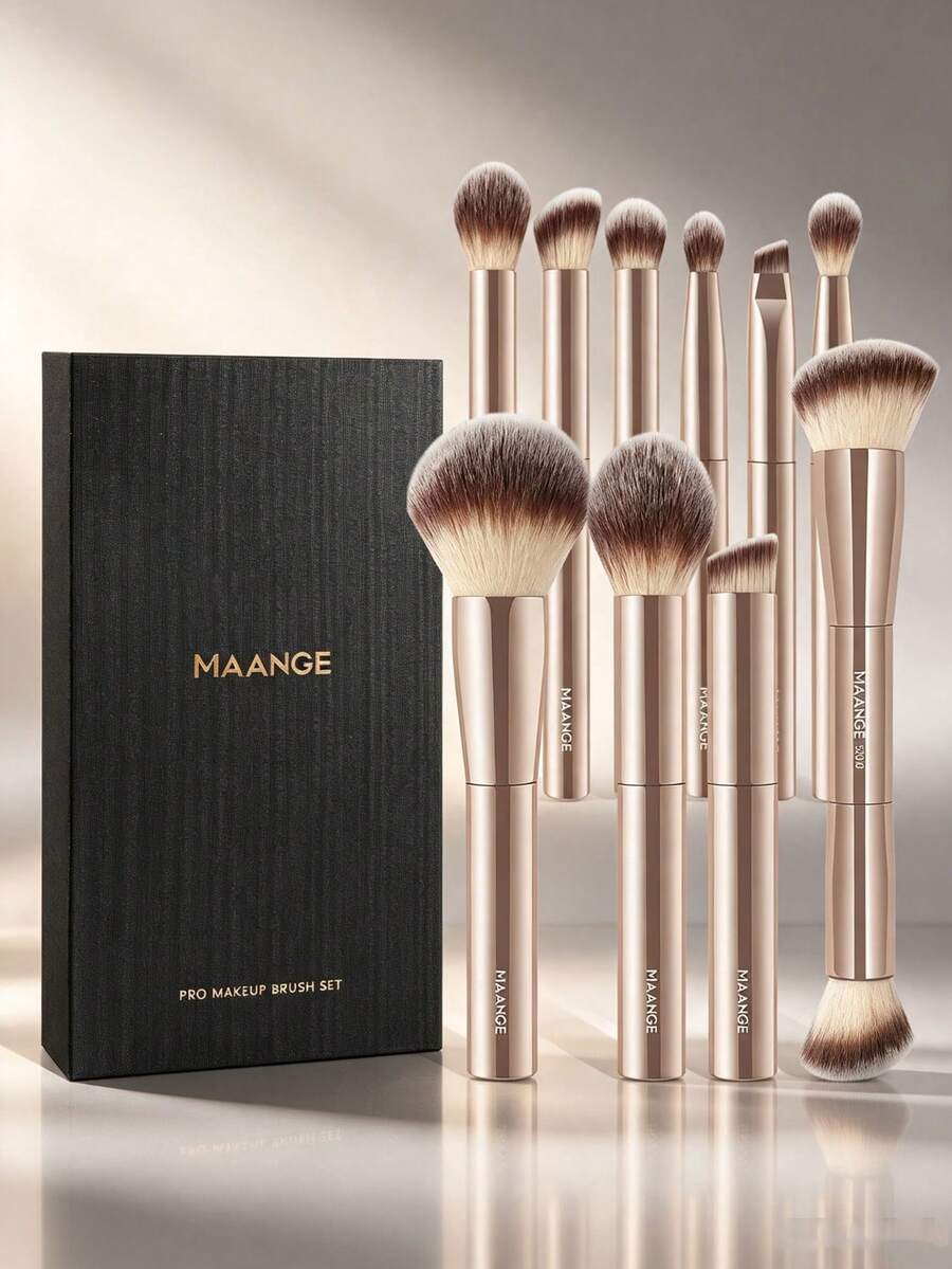 MAANGE 10件組鋁管化妝刷禮盒,包含底妝刷、蜜粉刷、腮紅刷、眼影刷、眼線刷、遮瑕刷、修容刷、雕塑刷、高光刷、細節刷、臉部刷,耐用化妝工具,旅行必備化妝刷配件,適用日常化妝,送給女孩子的禮物 - 彩色 - 查看 1