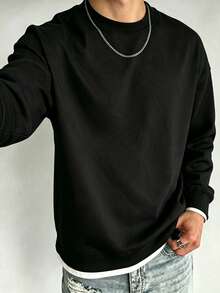 Men's Faux Two-Piece Long Sleeve T-Shirt, Layered Casual Top - Black - View 9
