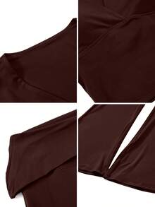 TimeOff Setelan Olahraga Wanita Satu Set Warna Polos, Kerah V Dalam, Model Lipat Depan, Lengan Panjang, Pinggang Lipat, dan Celana Lebar - Coffee Brown - View 4