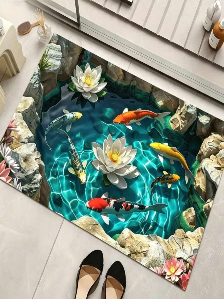 1件逼真錦鯉魚與蓮花裝飾地墊,新中式吉祥美學,520浪漫禮物,裝飾地毯,玄關門墊,地毯,家居裝飾,浴室吸水絨毛毯,創意視覺藝術地墊,個性化廚房長條墊,客廳家居裝飾,藝術氛圍絨毛毯,可水洗藝術裝飾地毯 - 彩色 - 查看 1