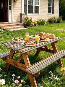 3 Pieces Picnic Tablecloth Set With Bench Cover, Elastic Edge Design, Striped Pattern, Washable Rectangular Tablecloth, Suitable For Weddings, Camping, Picnics, Garden Parties And More, Practical Essential - E - View 6