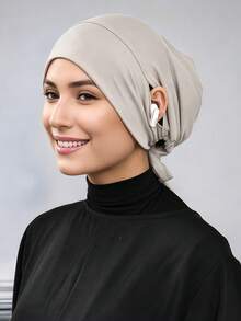 1pc Hijab Cap, Solid Color Silk Cotton Modal With Elastic Drawstring, Adjustable Tie, Upgraded Ear-Exposed Headscarf Inner Lining For Middle Eastern Arab Women, Suitable For Daily Wear - Coffee Brown - View 5