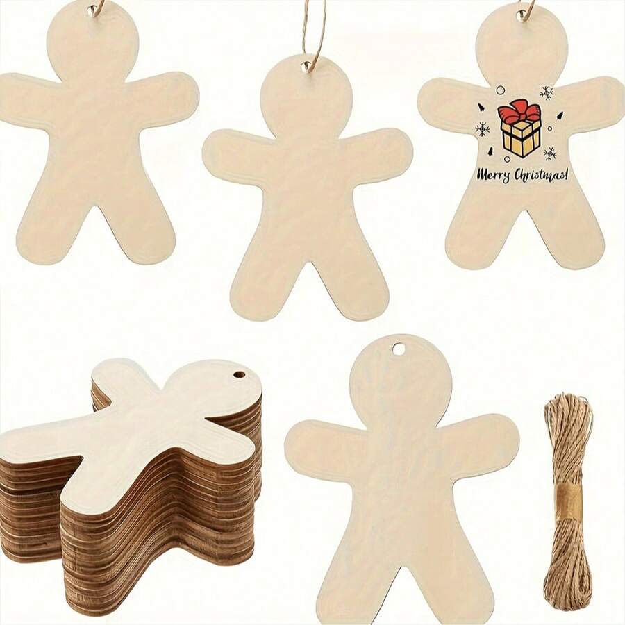 10/20pcs Unfinished Wooden Human-Shaped Hanging Ornaments, Suitable For DIY Christmas Tree Decoration, Handmade Blank Christmas Theme Wall Hanging Decor With 10m Jute Rope, Multi-Purpose Holiday - A - View 1