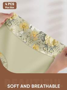 4 Packs Plus Size High Waist Briefs For Women, Soft & Comfortable Everyday Panties With Floral Print Design - Multicolor - View 6