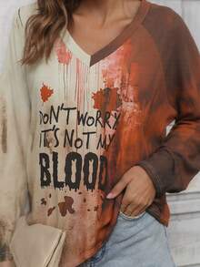 Women's Slogan Print V-Neck Raglan Long Sleeve Casual T-Shirt - Multicolor - View 1