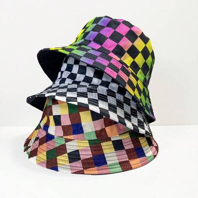 Topi Bucket Bolak-balik Motif Kotak-kotak Warna-warni Terbaru, Topi Pelindung Matahari Unisex Musim Semi/Panas, Serbaguna