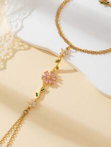 EchoNest 1pc Gold-Colored Stainless Steel Pink & White Flower Green Leaf Finger Chain Bracelet With Zirconia, Vacation Party Finger Chain Decorative Accessory - Yellow Gold - View 3