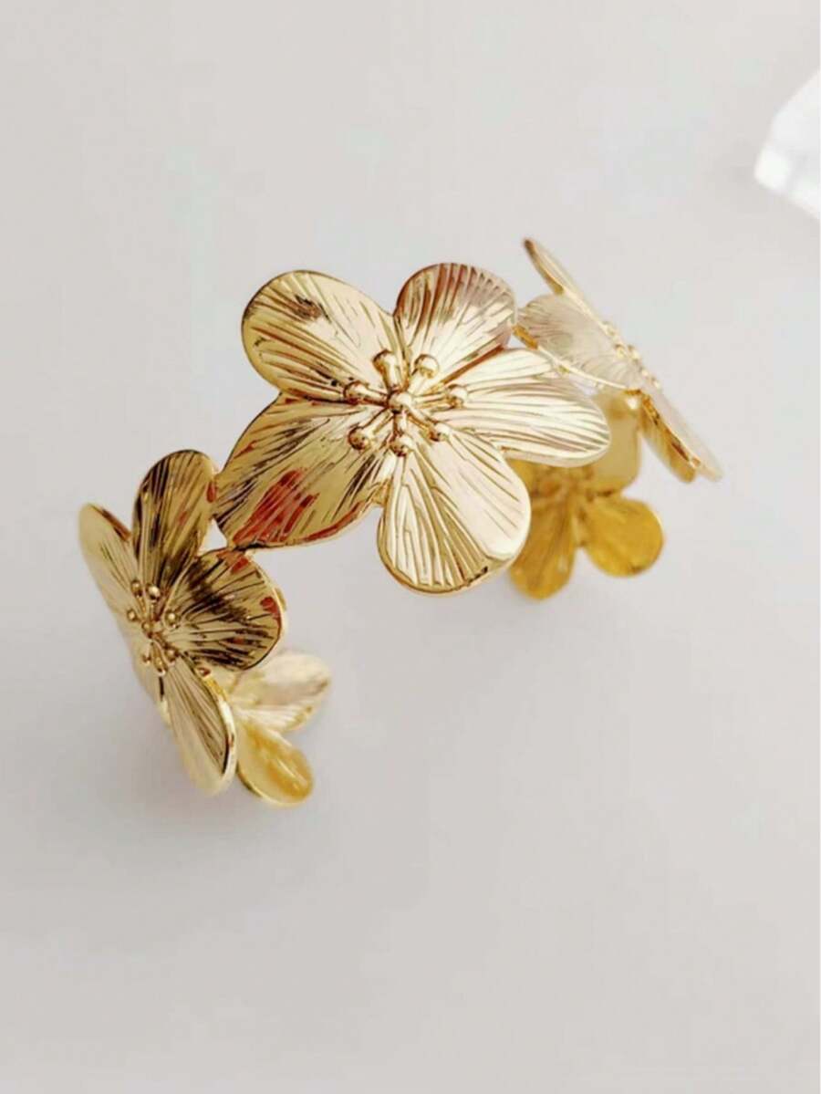 1 Stück 18k vergoldetes Gold & Silber Edelstahl großes Blumen- & Staubblatt-Splice-Offen-Armband, elegantes modisches Statement-Stück, Herbst-/Winter-Vibe, übertriebener Stil, geeignet für Frauen, soziale Anlässe, Geschenke, Partys und tägliches Tragen - Mit Blumen besticktes Staubblatt-Armband - Übersicht 1