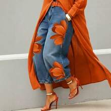 Pantalones vaqueros de moda para mujer, cintura alta, estampado de flores rojas, pierna ancha holgada - Naranja - Ver 2