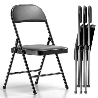 Folding Chairs With Padded Vinyl Cushion Chairs With Comfortable Cushion And Durable Steel Frame For Home And Office, For Indoor And Outdoor Events Black, Vinyl, 4 Pack
