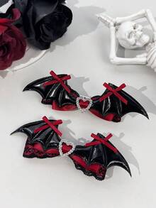 1pc Dark Sweet Cool Subculture Bat Wing Bow Hair Clip With Exquisite Heart Rhinestone Decor, Niche Headpiece For Halloween Party Atmosphere, Suitable For Holiday Styling, Travel, Photography, Daily Outfit Matching And Multiple Style Looks - Multicolor - View 2