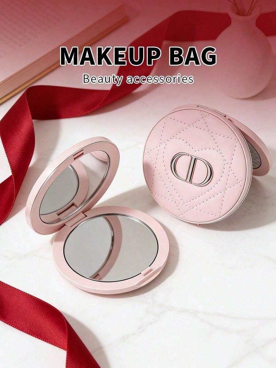 Dior Light Pink Quilted Compact Makeup Mirror, Metal CD Logo Double Sided Foldable Hand Mirror Portable Pocket Cosmetic Mirror Ladies Beauty Gift Accessory DIOR-GIFT-51 - Pink - View 1