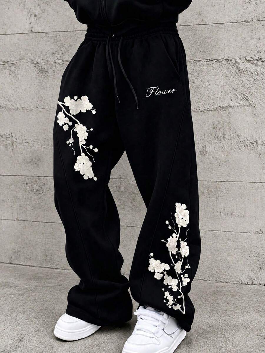 HEYKESON Men's Floral Print Wide Leg Sweatpants With Drawstring Waist, Casual Streetwear Long Pants