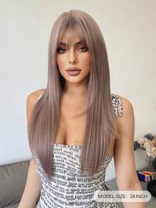 alicegarden 28-Inch Long Synthetic Wig Featuring A Natural Straight Style A Stunning Dusty Pink. Designed With Bangs , This False Hairpiece Is Perfect For Ms Daily Party Cosplay Use, Offering A Natural And Natural Durable Wig Gift For Ladies. - Dusty Pink - View 2