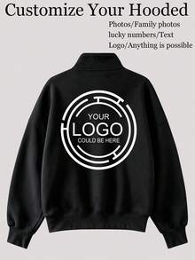 Personalized Customizable Women's Half-Zip Long Sleeve Knit Sweatshirt, Comfortable And Warm Lining, Suitable For Daily Wear And Winter Street Style. Customizable Logo, Photo, Street Style, Can Add Your Logo Or Text, Christmas Pattern, Halloween Pattern, Pet Pattern, Advertising Print, Workwear Logo Or Phone Number Can Be Customized - Black - View 2