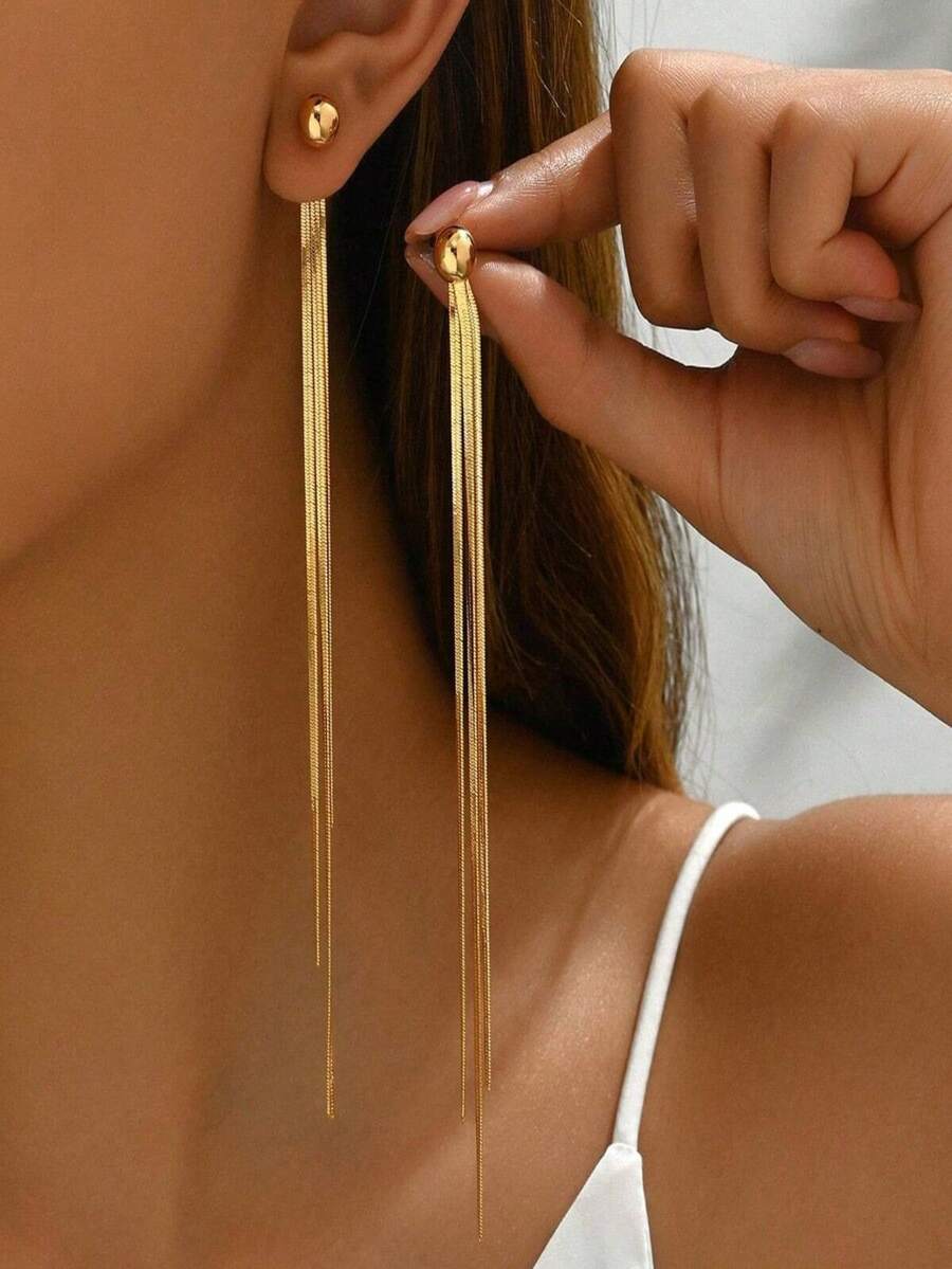 1 件 18K 镀金不锈钢长流苏耳环,个性化设计,创意,优雅,浪漫,复古,韩式时尚,休闲,百搭,适合女性、情侣、日常、通勤、街头、派对、节日的礼物 - 金黃色 - 查看 1