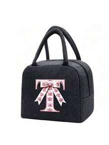 Elegant Pink Bow Pattern Insulated Lunch Bag, Large Capacity Student Lunch Storage Bag, Portable Travel Picnic Bag; Multi-Functional Tote Bag. Black Cutlery Storage Bag. Spring/Summer Essential. Suitable For Office, Outdoor, Vacation, Travel, School. Birthday Gift, Wedding Accessory, Back To School Gift, Mother's Day Gift, Bridesmaid Gift, Easter Gift. Suitable For Family, Friends And Couples - A - View 26