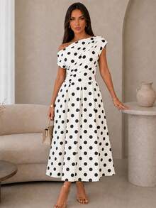 ChicMe Women Polka Dot Skew Neck Midi A Line Dress Retro Pleated Waist Pocket Sundress Elegant Date Party Wear - White - View 5