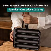 Cast Iron Sausage Grill Pan With Wooden Handle, 4‑Slot Non‑Coated Sausage Making Skillet, Multi‑Purpose Grill Pan For Hot Dog, Sausage, Bacon, Compatible For All Stovetops Kitchen Cookware - Black - View 6