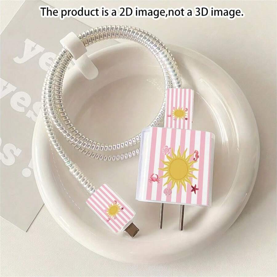 5pcs 2D Flat Design Sweet Ocean Stripe Pattern Phone Charger Protection Set, Charger Head Cover + Cable Protector + Storage Rope + Data Cable Protection Rope, Suitable For IPhone 20W/18W Charger - Multicolor - View 1