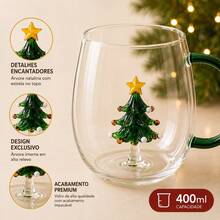 Caneca de Vidro Natalina 400ml com Árvore de Natal 3D com Alça Decorativa para Café, Chá e Presente de Natal - Transparente - Visão 6