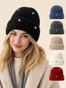 3D Pentagram Knitted Hat For Women, Autumn/Winter Warm Ear Protection Beanie, Face-Slimming Woolen Cap - Knitted Hat - View 1