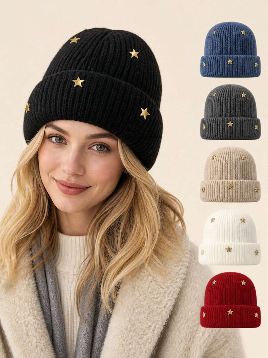 3D Pentagram Knitted Hat For Women, Autumn/Winter Warm Ear Protection Beanie, Face-Slimming Woolen Cap - Knitted Hat - View 1