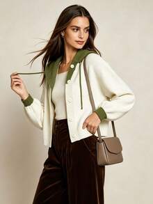 Women's Colorblock Front Button Hooded Cardigan Sweater, Casual Long Sleeve Knit Cardigan, Suitable For Autumn/Winter Daily Wear - White - View 8