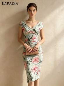 ELYRADIA Summer Dress For Elegant Ladies With Sexy Style, Sleeveless Deep V-Neck Floral Print Pattern, Fitted And Pleated Wedding Guest Luxurious Evening Dress - Baby Blue - View 8