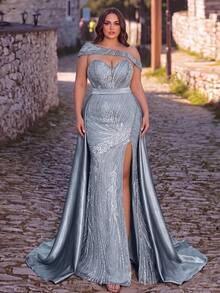 Plus Size Women's Romantic Sequin Maxi Dress Sleeveless Asymmetrical Neck, Thigh-High Slit, Beaded For Formal & Elaborate Parties - Dusty Blue - View 5